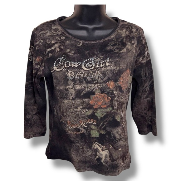 Y2K Era Small Cowgirl Buffalo Bills Shabby Chic Western Boho Stretch Top - Picture 1 of 11